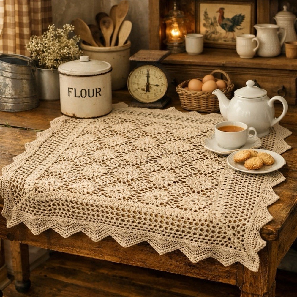 Vintage Hand Crocheted Table Topper 33x33 Lace Cotton Doily Tablecloth